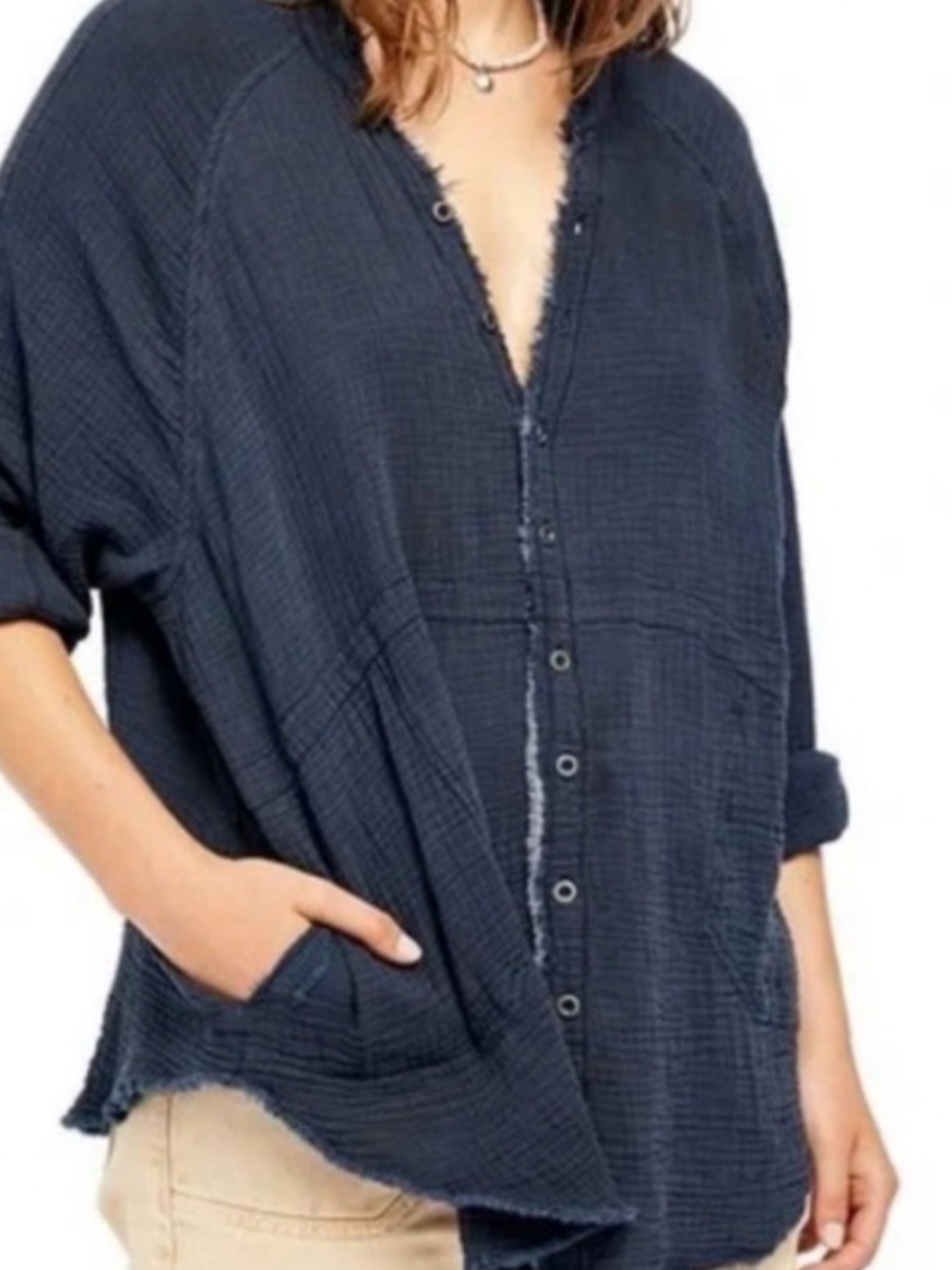 Free People We The Free Day Dream Navy Tunic Gauze Shirt GREY ** oversized***
